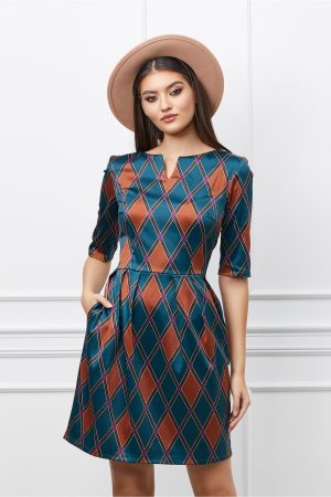 Rochie Vera turcoaz cu imprimeuri maro 1