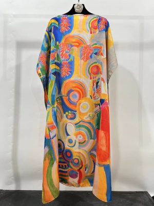Rochie de plaja lunga tip poncho din matase cu cercuri si motive abstracte multicolore 1