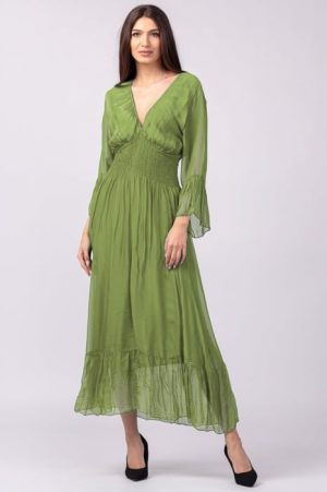 Rochie verde oliv din matase naturala cu banda elastica in talie si volane 1
