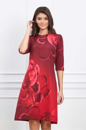 Rochie Viviana bordo cu imprimeuri floral fucsia 1