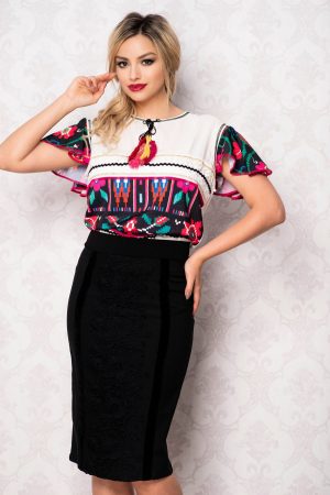 Bluza alba cu imprimeu traditionalciucuri si maneca tip volan