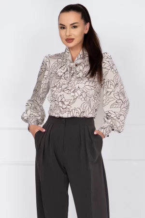 Bluza dama alba cu imprimeu floral si guler tip esarfa