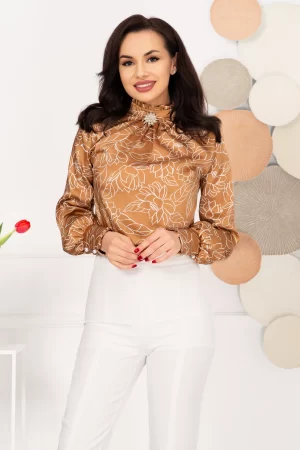 Bluza dama eleganta InPuff maro cu flori de nufar