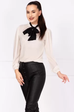 Bluza eleganta alba din voal InPuff cu guler tip esarfa