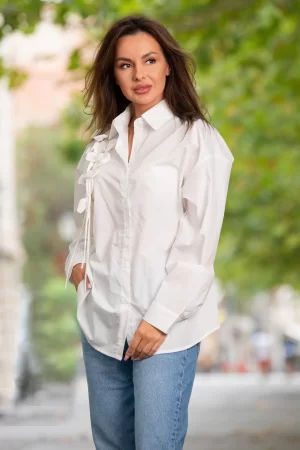 Camasa alba oversize Diandra cu flori 3D