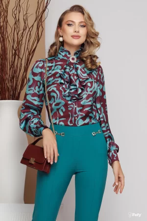 Bluza dama eleganta satinata cu imprimeu abstract si jabou