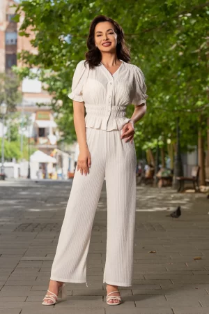 Compleu casual ecru din crep cu bluza si pantalon