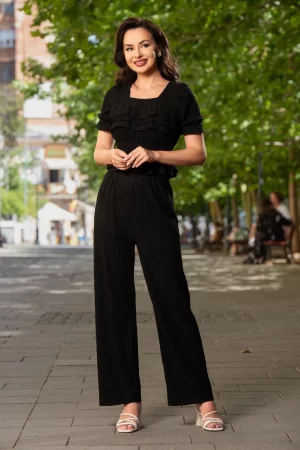 Compleu casual negru din crep cu bluza si pantalon