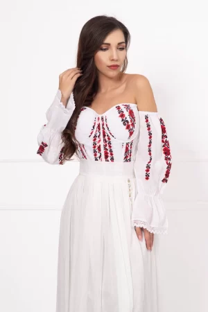 Corset traditional alb din bumbac cu model floral inspirat din folclor