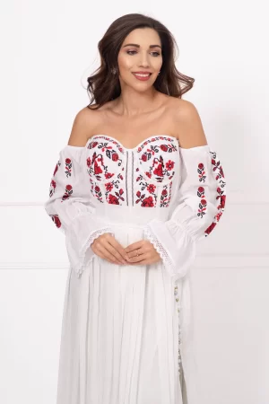 Corset traditional alb din bumbac cu trandafiri rosii brodati