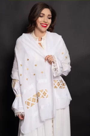 Esarfa traditionala alba din bumbac cu broderie aurie in romburi