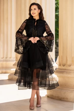 Fusta Effect eleganta neagra din tul cu volane in clos
