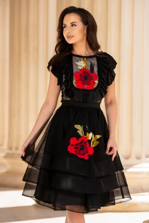 Fusta Effect eleganta neagra din tulle cu volane si broderie