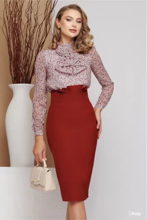 Fusta eleganta office bordo conica cu pliuri in talie