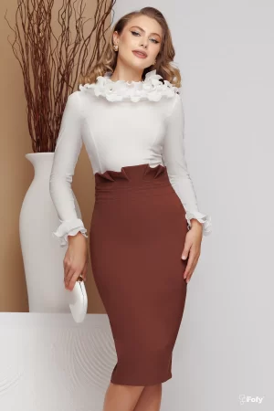 Fusta eleganta office maro conica cu pliuri in talie