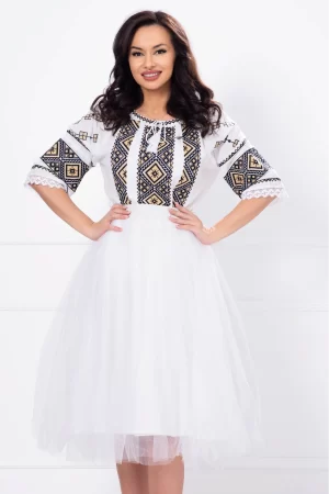 Fusta midi din tulle alb