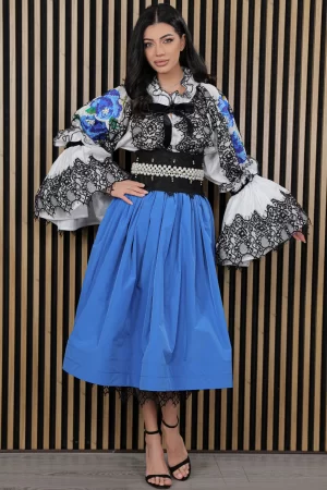 Fusta midi eleganta Cânt al Cerului cu insertie din dantela