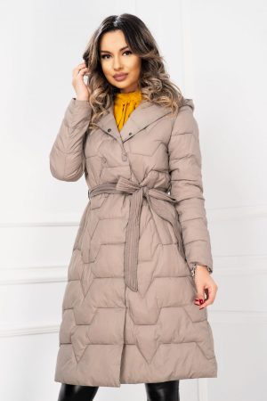 Geaca dama lunga oversize fango matlasata cu capse si cordon in talie