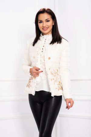 Geaca Effect ecru cu broderie aurie si guler cret