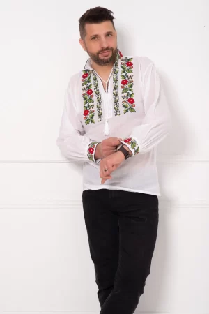 Ie barbateasca alba din bumbac brodata cu motivul trandafirului