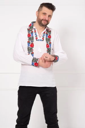 Ie barbateasca alba din bumbac cu broderie florala