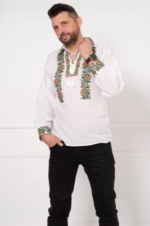 Ie barbateasca din bumbac alb cu bujori brodati