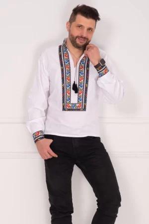 Ie barbateasca din bumbac alba cu motive populare multicolore