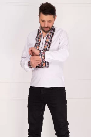 Ie barbateasca din bumbac alba cu motive populare