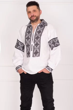 Ie barbateasca traditionala alba din bumbac brodata cu motivul rombului