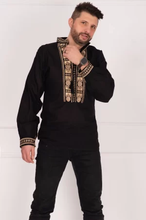 Ie barbateasca traditionala neagra din bumbac cu broderie din matase aurie