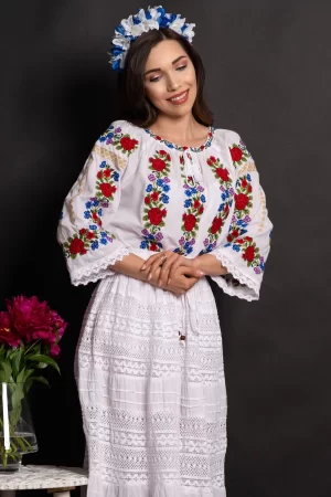 Ie dama alba din bumbac Anabela cu broderie florala