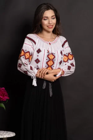 Ie dama din bumbac Dulcinea cu romburi portocalii brodate