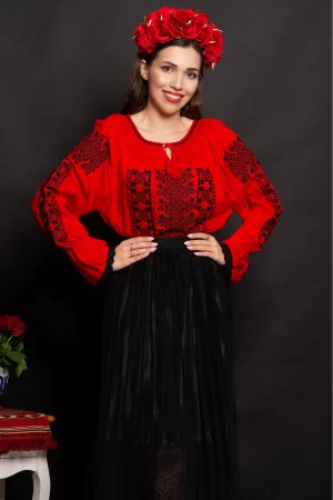 Ie dama traditionala Olimpia rosie cu broderie neagra populara