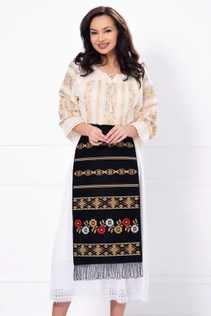 Ie traditionala Augustina bej cu broderie aurie