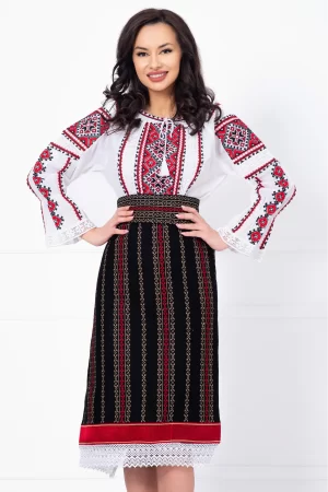 Ie traditionala Gineta cu broderie rosie inspirata din motive populare