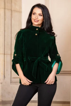 Jacheta din catifea verde cu maneca reglabila si guler inalt