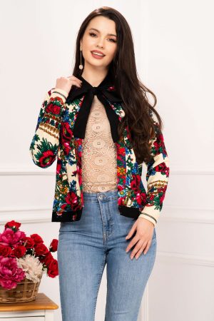 Jacheta ecru casual urban cu imprimeu neoetnic