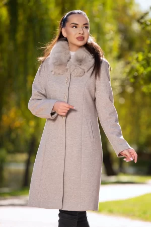 Palton dama elegant bej Anais din stofa cu guler din blana