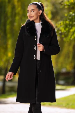 Palton dama elegant negru Anais din stofa cu guler din blana