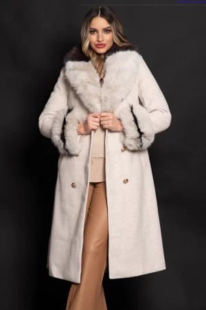 Palton dama lung elegant Aleksandra din stofa bej cu blana eco