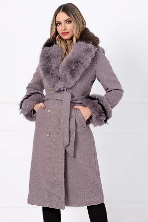 Palton dama lung elegant mov Aleksandra matlasat din stofa cu blana eco