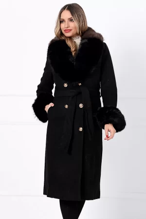 Palton dama lung elegant negru Aleksandra matlasat din stofa cu blana eco