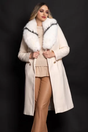 Palton din stofa crem matlasat Amarah cu blana ecologica