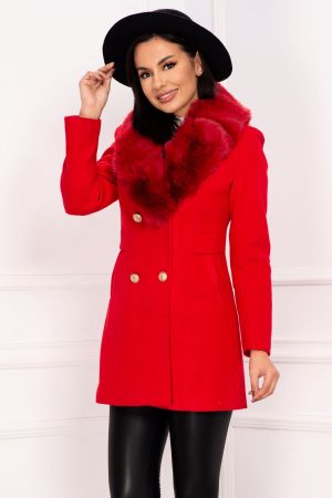 Palton elegant dama rosu din stofa cu guler din blana ecologica