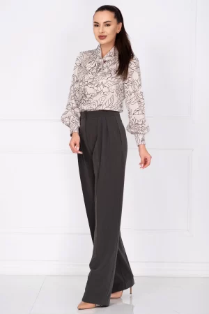 Pantaloni office gri Pretty Girl drepti cu pliuri in talie