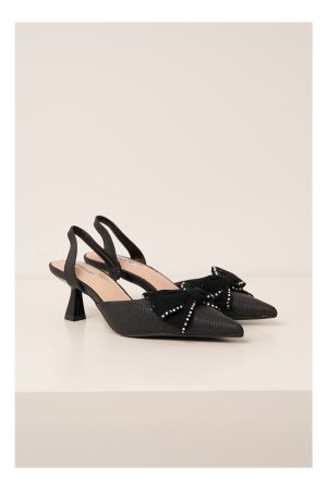 Pantofi negri eleganti cu glitter si funda pe varf