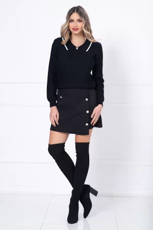 Pulover dama negru cu guler si brosa tip funda