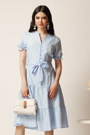 Rochie bleu din viscoza in clos cu cordon in talie