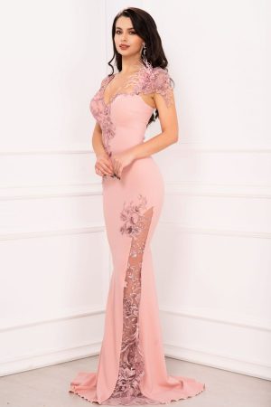 Rochie de lux sirena Esther rose cu flori brodate cu paiete si fulgi