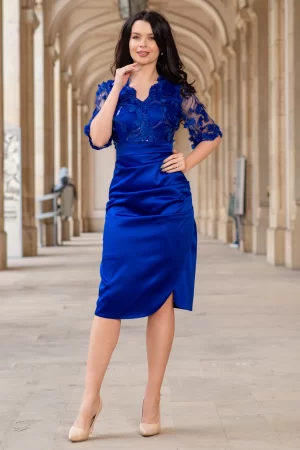 Rochie de ocazie conica albastra Catlyn cu bust din flori brodate